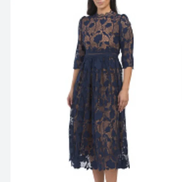 Dalia Macphee | Dresses | Dalia Macphee Lace 34 Selvee Dress Szlnwt Navy  Under Beige Length 49 | Poshmark